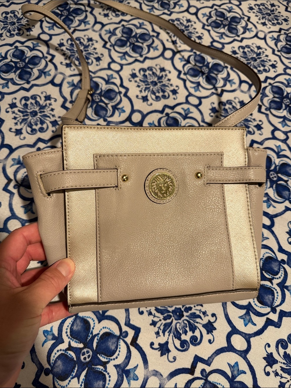 Anne Klein Leather Taupe and Cream Crossbody Shoulder Bag with Gold Accent